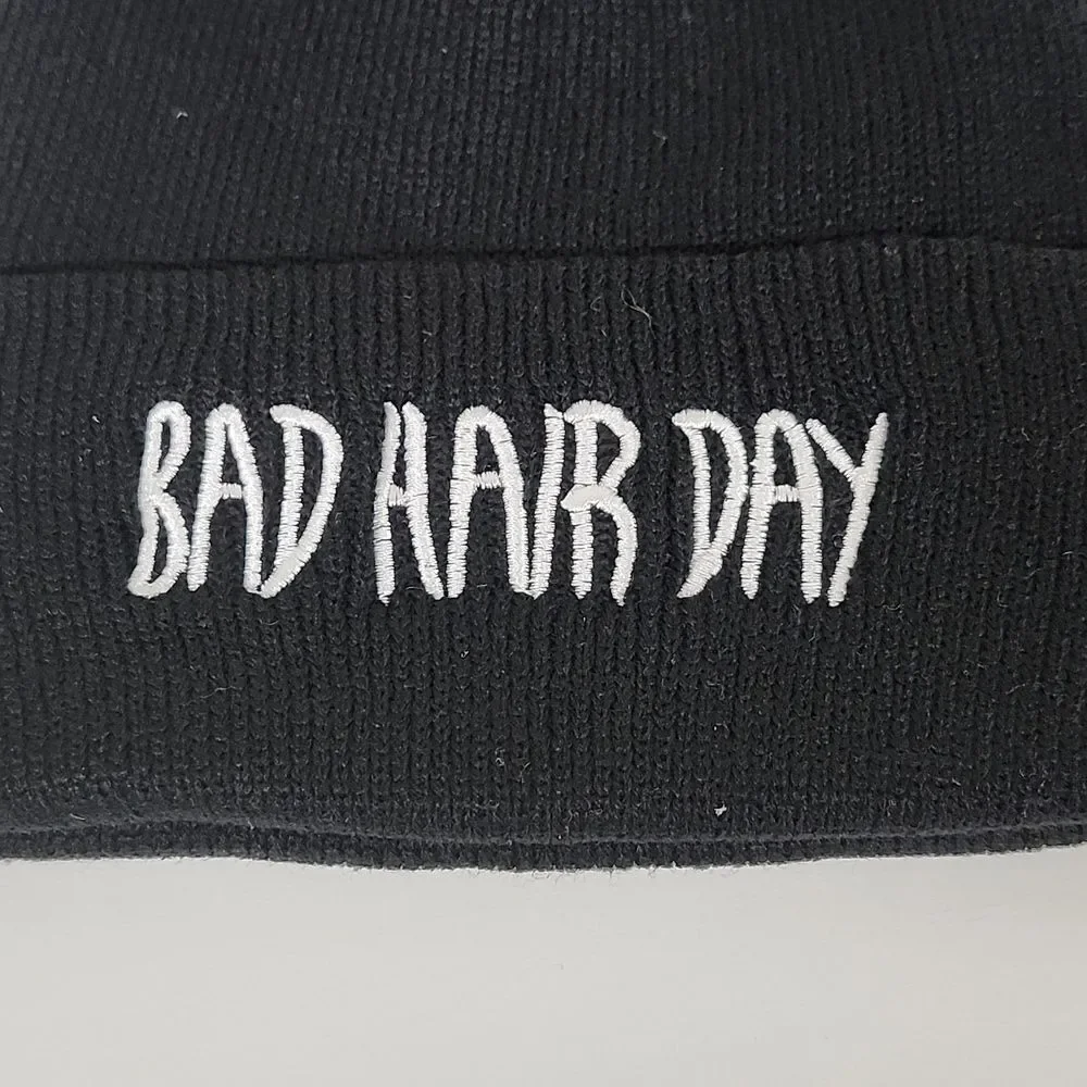 Trendy Black 'Bad Hair Day' Embroidered Beanie